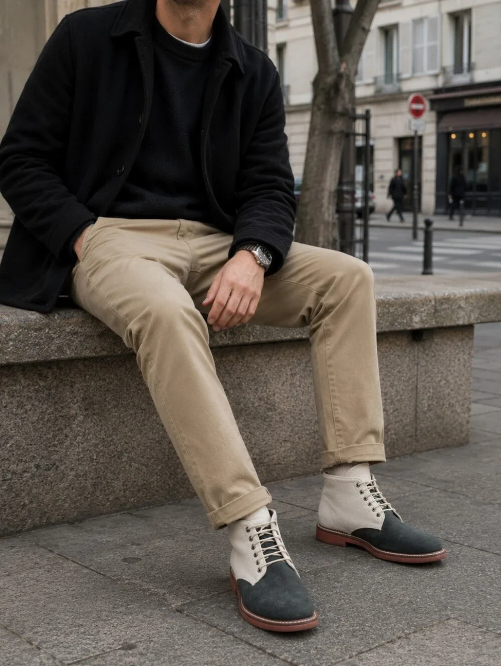 New Condition  Two-Tone Suede & Canvas Chukka Boots - Gray & Cream